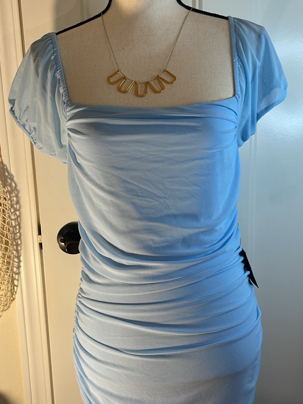 Lulu's Pastel Blue Square Neck Ruched Bodycon Dress